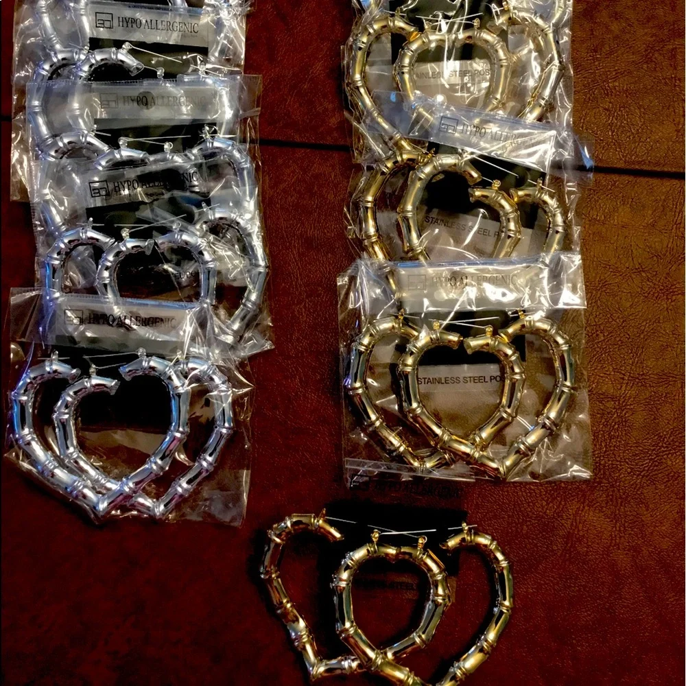 HEART BAMBOO HEART HOOP EARRINGS SOLID SHINY GOLD OR SILVER TONE 2 INCH